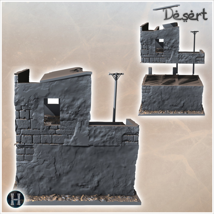 3D Printable Desert building with enclosure wall, electrical poles, and ...