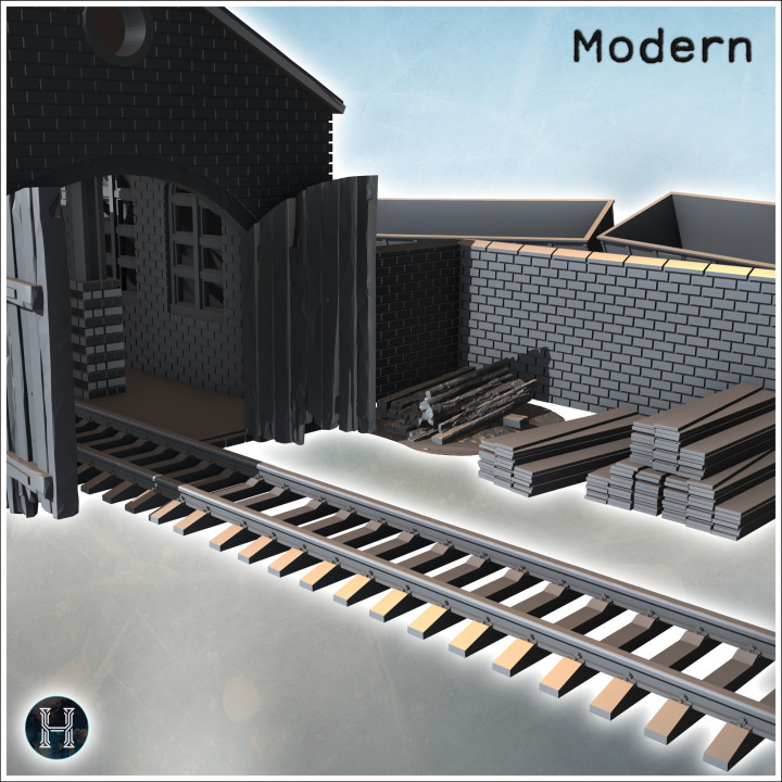 3D Printable Train derailment scene with destroyed shed, brick wall ...