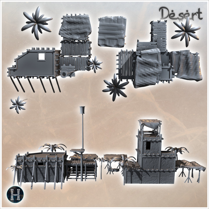 3D Printable Set of fortified Eastern buildings with palm trees ...