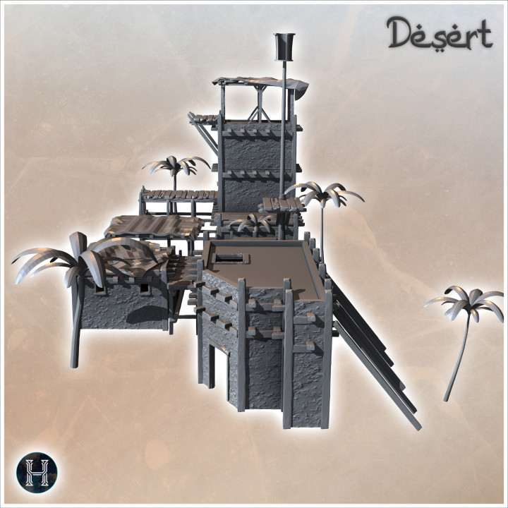 3D Printable Set of fortified Eastern buildings with palm trees ...