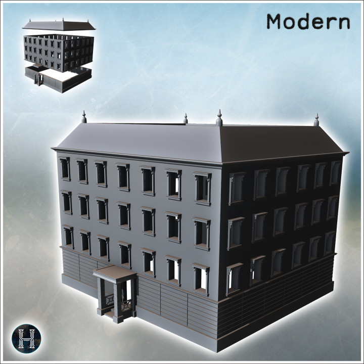 Large multi-story modern building with wide flat roof and entrance under canopy (32) - Modern WW2 WW1 World War Diaroma Wargaming RPG Mini Hobby