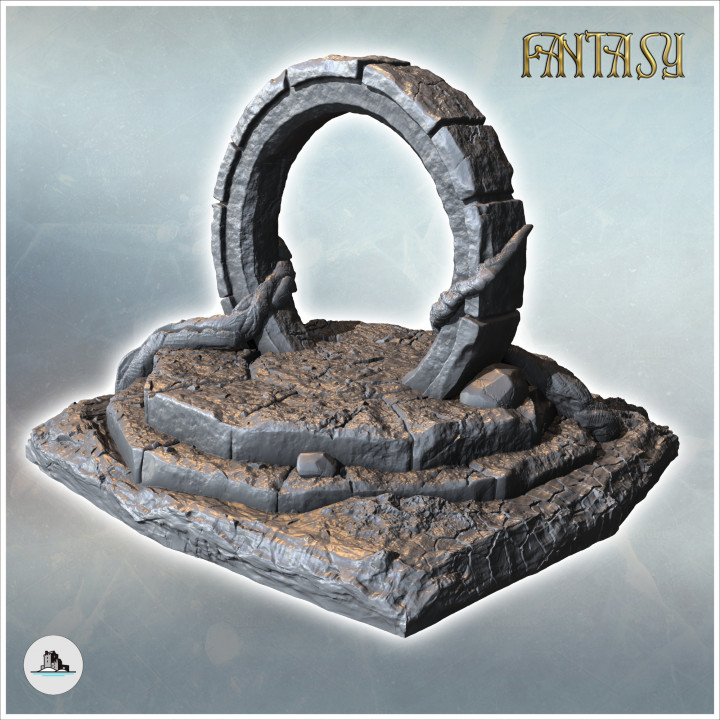 Magic stone gate with tree roots on stepped platform (3) - Medieval Gothic Feudal Old Archaic Saga 28mm 15mm RPG