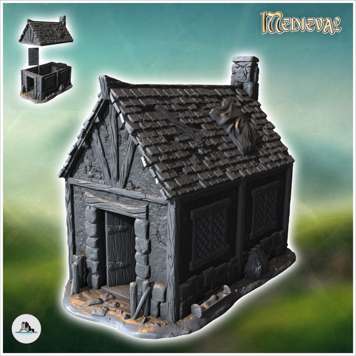 Medieval house with half-timbered walls, tiled roof and fireplace (37) - Medieval Gothic Feudal Old Archaic Saga 28mm 15mm RPG