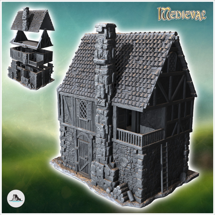 Medieval house with large exterior stone fireplace, balcony with ladder and wooden door (38) - Medieval Gothic Feudal Old Archaic Saga 28mm 15mm RPG