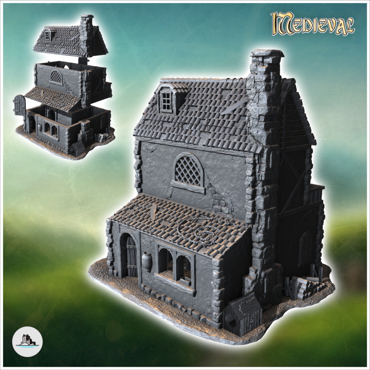 Medieval house with large corner stone fireplace, multi-panel tiled roof and arched windows (39) - Medieval Gothic Feudal Old Archaic Saga 28mm 15mm RPG