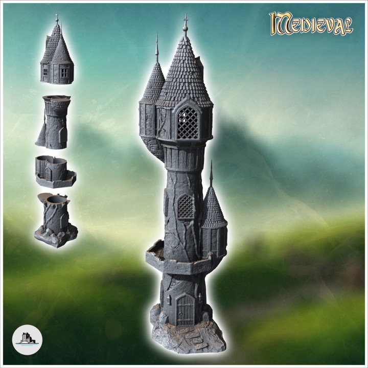 Large, round, multi-storey medieval tower with arched paned windows, multiple roofs and central balcony (40) - Medieval Gothic Feudal Old Archaic Saga 28mm 15mm RPG