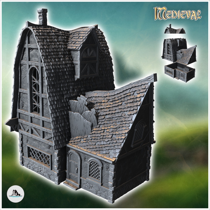 Large medieval building with convex double-sloped tile roof, half-timbered walls and wooden door (41) - Medieval Gothic Feudal Old Archaic Saga 28mm 15mm RPG