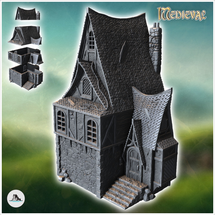 Medieval half-timbered house with stone fireplace, access staircase and rope over roof (42) - Medieval Gothic Feudal Old Archaic Saga 28mm 15mm RPG