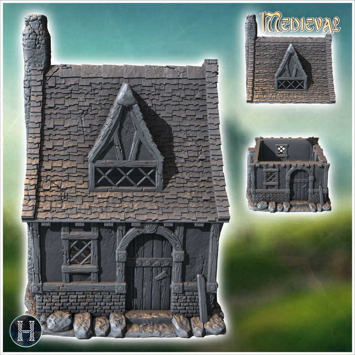Medieval house with stone base, concave tiled roof and roof window (43) - Medieval Gothic Feudal Old Archaic Saga 28mm 15mm RPG image