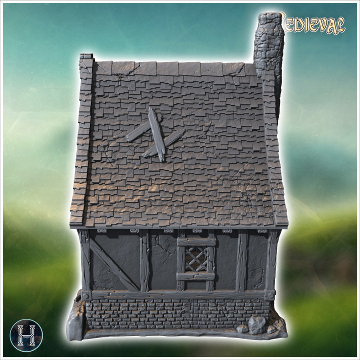 Medieval house with stone base, concave tiled roof and roof window (43) - Medieval Gothic Feudal Old Archaic Saga 28mm 15mm RPG image