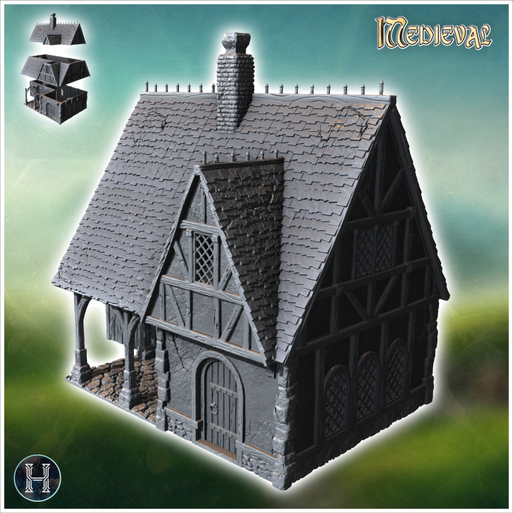 Medieval half-timbered house with large awning and wooden pillars (44) - Medieval Gothic Feudal Old Archaic Saga 28mm 15mm RPG