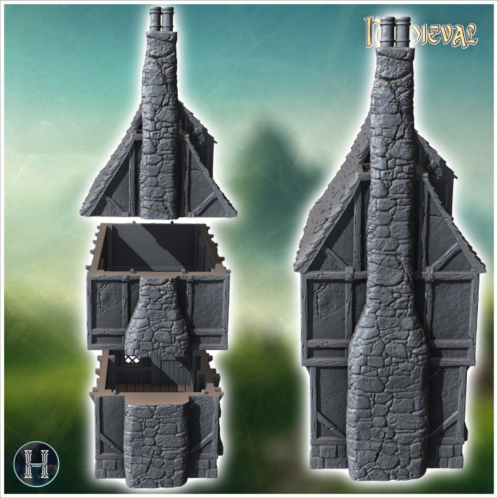 3D Printable Medieval house with chimney, concave roof and upside-down ...