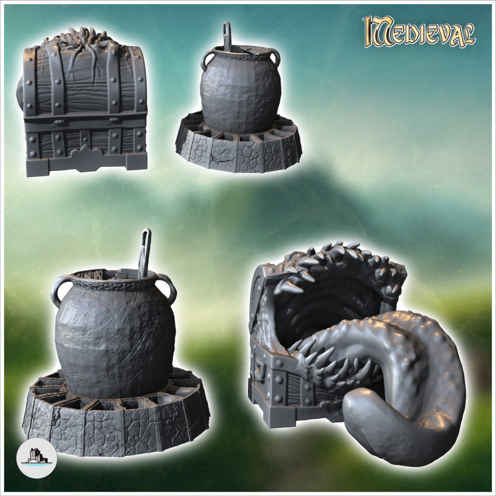 Fantastic accessory set with cauldron and tongue box (2) - Medieval Gothic Feudal Old Archaic Saga 28mm 15mm RPG image