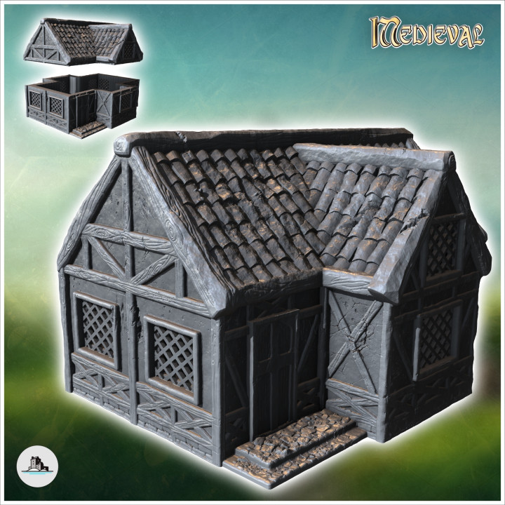 Medieval half-timbered house with tiled roof and access steps (18) - Medieval Gothic Feudal Old Archaic Saga 28mm 15mm RPG