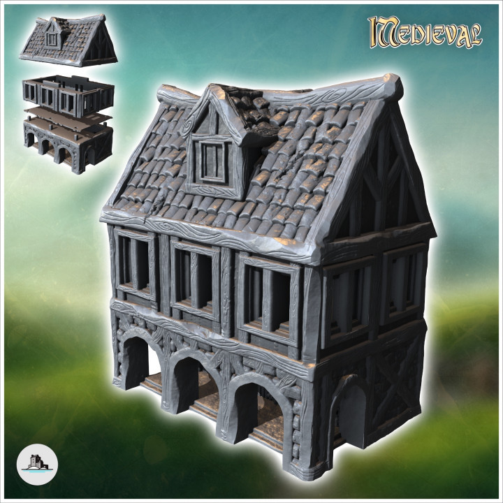 Medieval one-storey building with wooden arched passageway and roof window (23) - Medieval Gothic Feudal Old Archaic Saga 28mm 15mm RPG