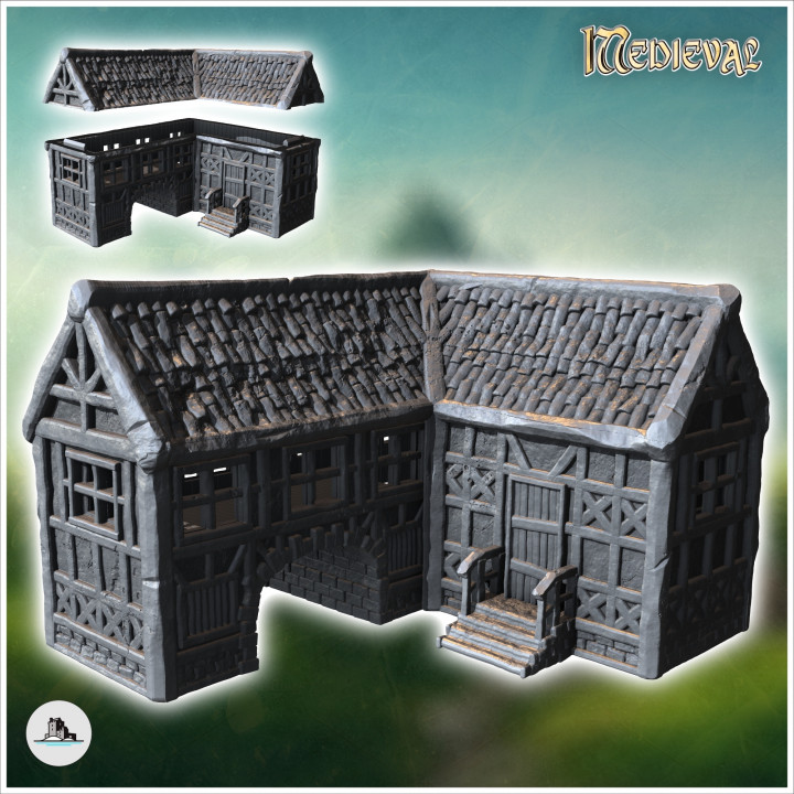Medieval half-timbered building on stone platform with large archway and railed staircase (24) - Medieval Gothic Feudal Old Archaic Saga 28mm 15mm RPG image