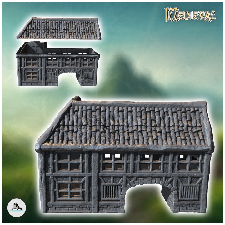 Medieval half-timbered building on stone platform with large archway and railed staircase (24) - Medieval Gothic Feudal Old Archaic Saga 28mm 15mm RPG image