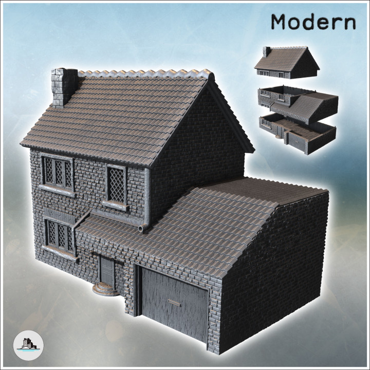 Modern house with tiled roof, stone walls and large garage door (5) - Modern WW2 WW1 World War Diaroma Wargaming RPG Mini Hobby
