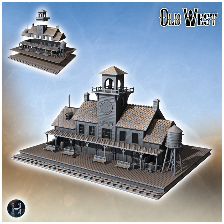 Western railway station with tracks, water tank and clock tower (1) - Cowboy USA America ACW American Civil War History Historical