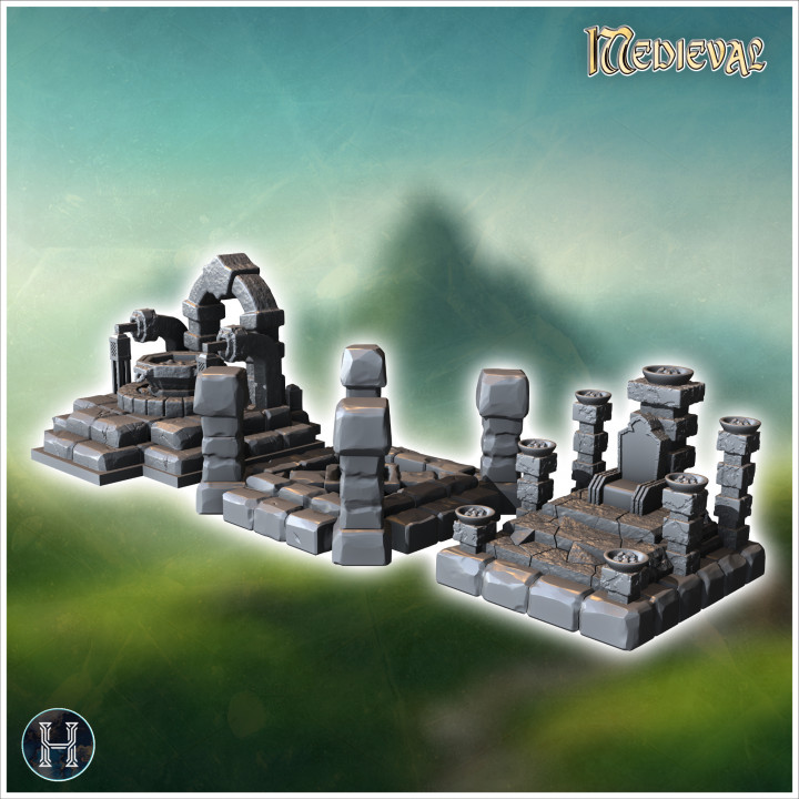 Set of three stone ritual altars with arches and columns (2) - Medieval Gothic Feudal Old Archaic Saga 28mm 15mm RPG