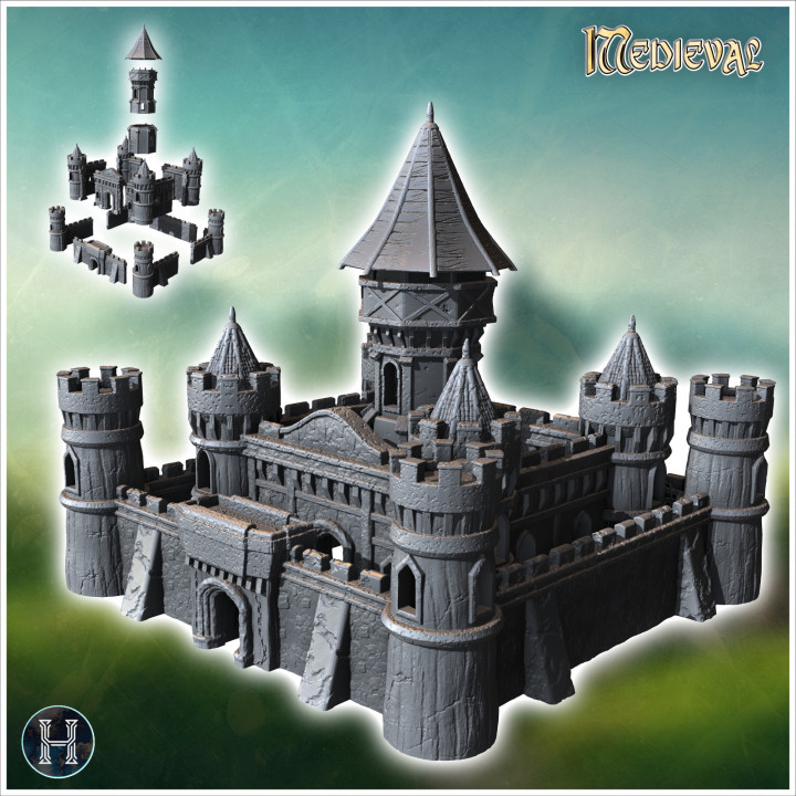 3D Printable Large medieval castle with concave-roofed keep and ...