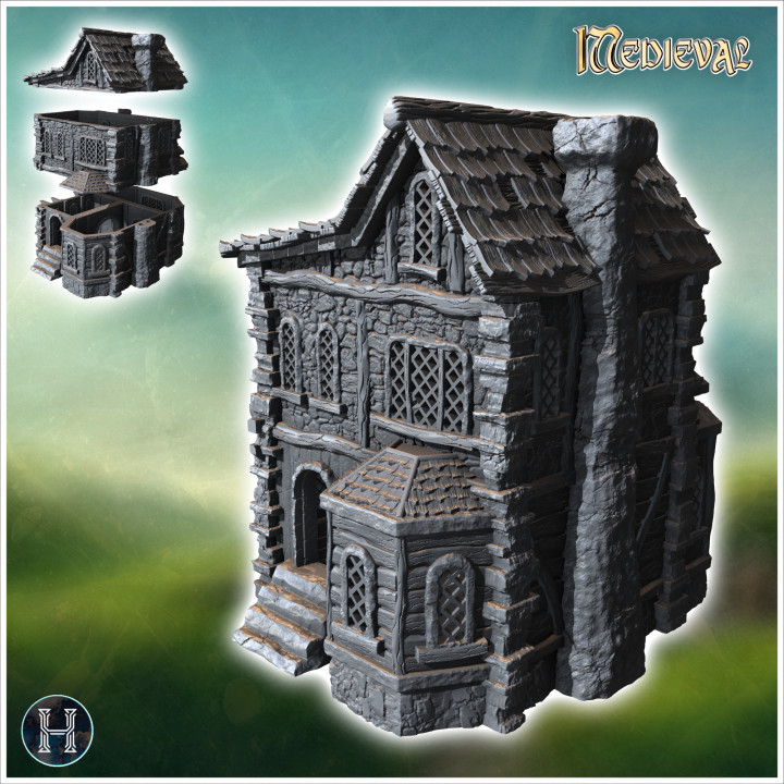 Medieval house with exterior fireplace, carved stone walls and bay window (2) - Medieval Gothic Feudal Old Archaic Saga 28mm 15mm RPG image