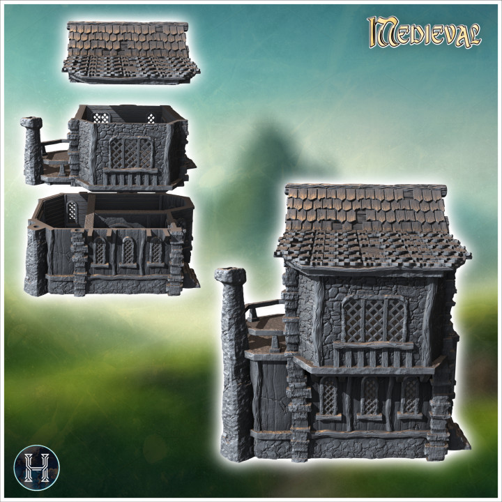 Medieval house with exterior fireplace, carved stone walls and bay window (2) - Medieval Gothic Feudal Old Archaic Saga 28mm 15mm RPG image