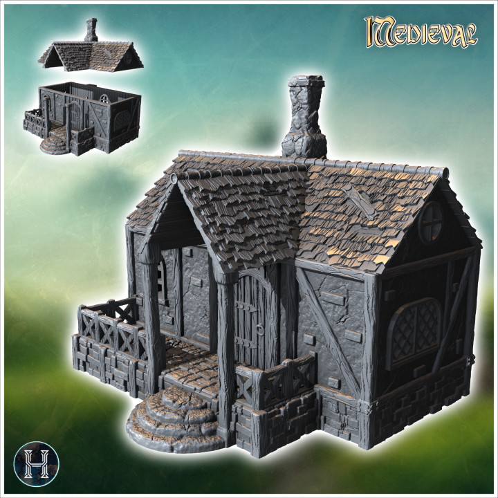 Medieval house with canopied terrace, tiled roof and outdoor fireplace (5) - Medieval Gothic Feudal Old Archaic Saga 28mm 15mm RPG