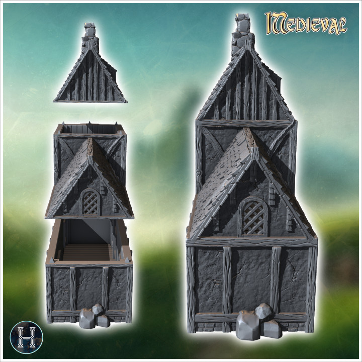 Long medieval building with two-part roof, outdoor fireplace and wooden door (7) - Medieval Gothic Feudal Old Archaic Saga 28mm 15mm RPG image