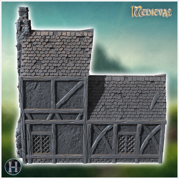 Long medieval building with two-part roof, outdoor fireplace and wooden door (7) - Medieval Gothic Feudal Old Archaic Saga 28mm 15mm RPG image