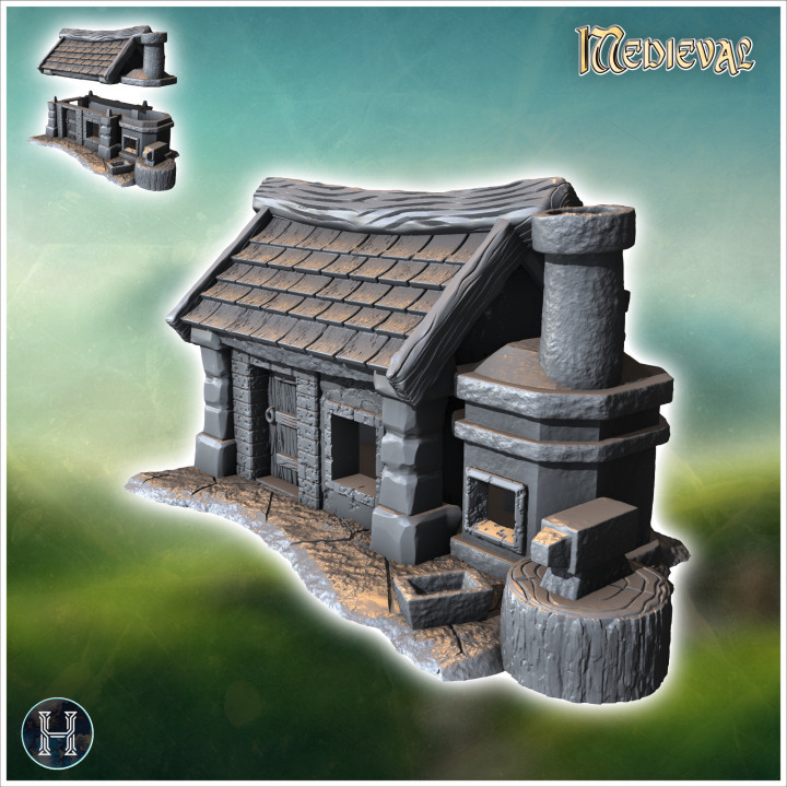 Medieval forge with outdoor fireplace, anvil and tiled roof (10) - Medieval Gothic Feudal Old Archaic Saga 28mm 15mm RPG