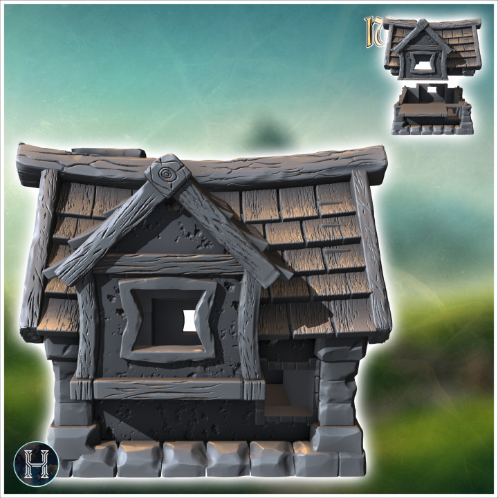 3D Printable Medieval house with chimney in roof and annex with side ...