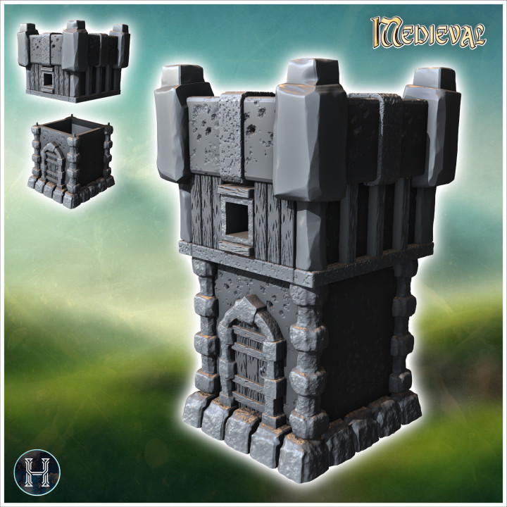 Medieval square stone defense tower with rounded wooden door (12) - Medieval Gothic Feudal Old Archaic Saga 28mm 15mm RPG