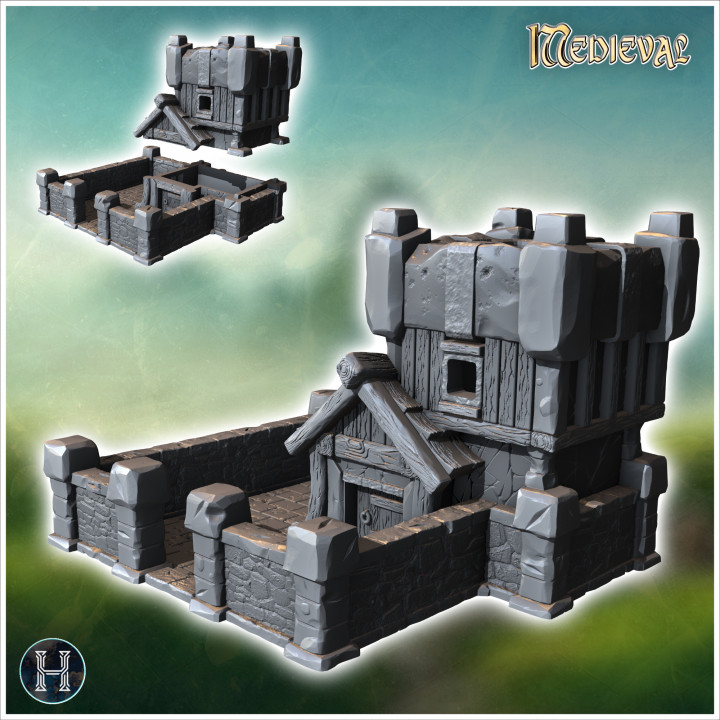 Medieval defense post with square stone tower, low wall and tiled roof (13) - Medieval Gothic Feudal Old Archaic Saga 28mm 15mm RPG