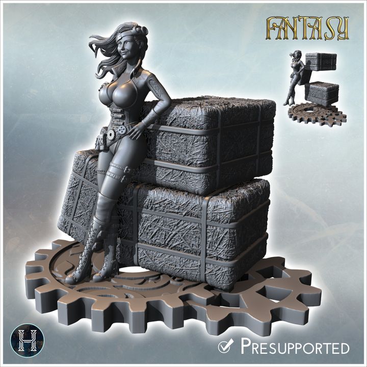 Sexy steampunk woman standing posing against straw bales (14) - NSFW Girl Sexy Collectible Hentai RPG Hot Miniatures Female Tabletop