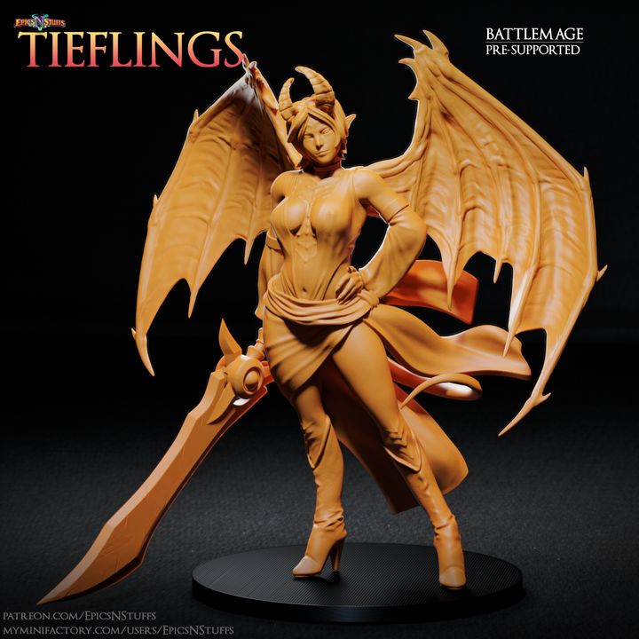 Winged Tiefling Battlemage Miniature - Pre-Supported