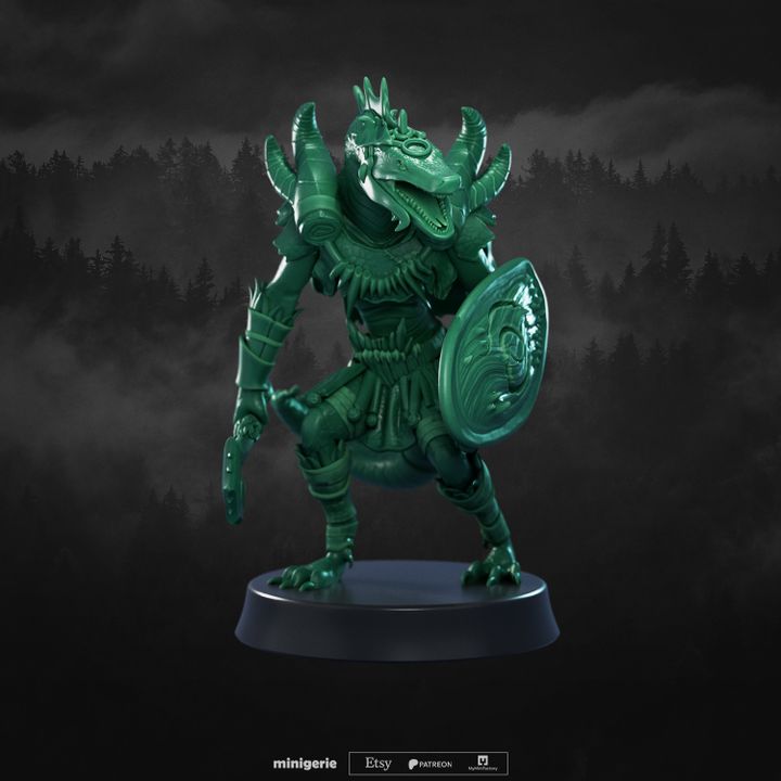 Syrix - Green Dragonborn Druid -Sickle and Shield - DnD Miniature for Tabletop - 32mm Scale