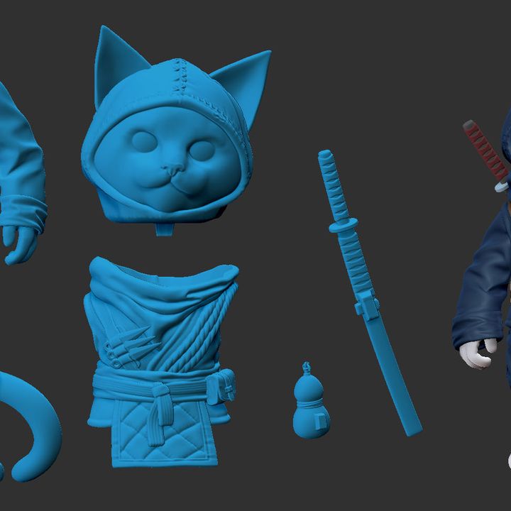 3D Printable Ninja Cat with Katana by Grass Hopper