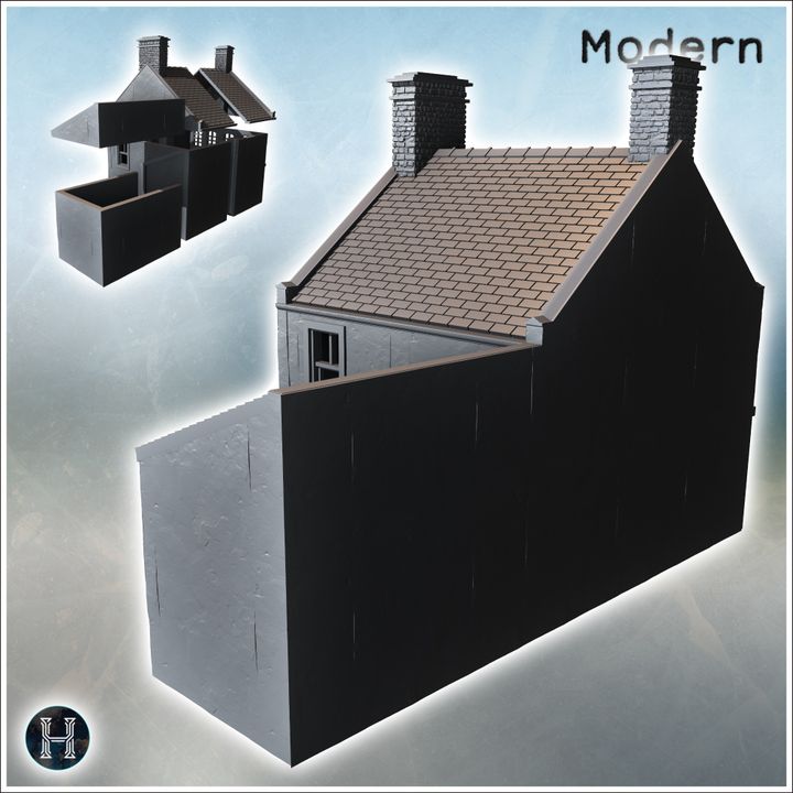 3D Printable House with two chimneys, sloped roof, and small