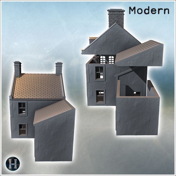 3D Printable House with two chimneys, sloped roof, and small