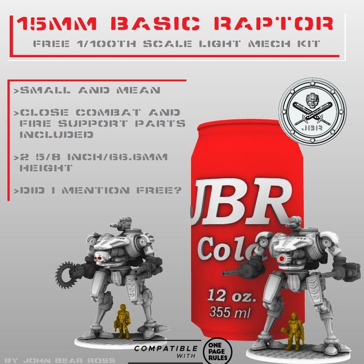 3D Printable FREE-15mm Basic Raptor (1/100th Scale) by John Bear Ross